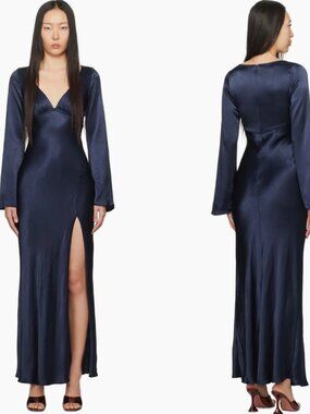Bec + Bridge Navy Long Sleeve V-Neck Satin Ren Maxi Dress